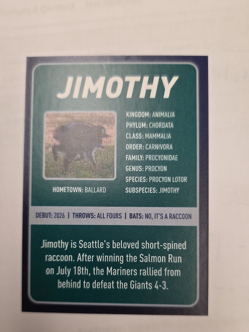 Jimothy Collectible Rookie Card Seattle Mariners Giveaway 8/5/2026 - Picture 2 of 3